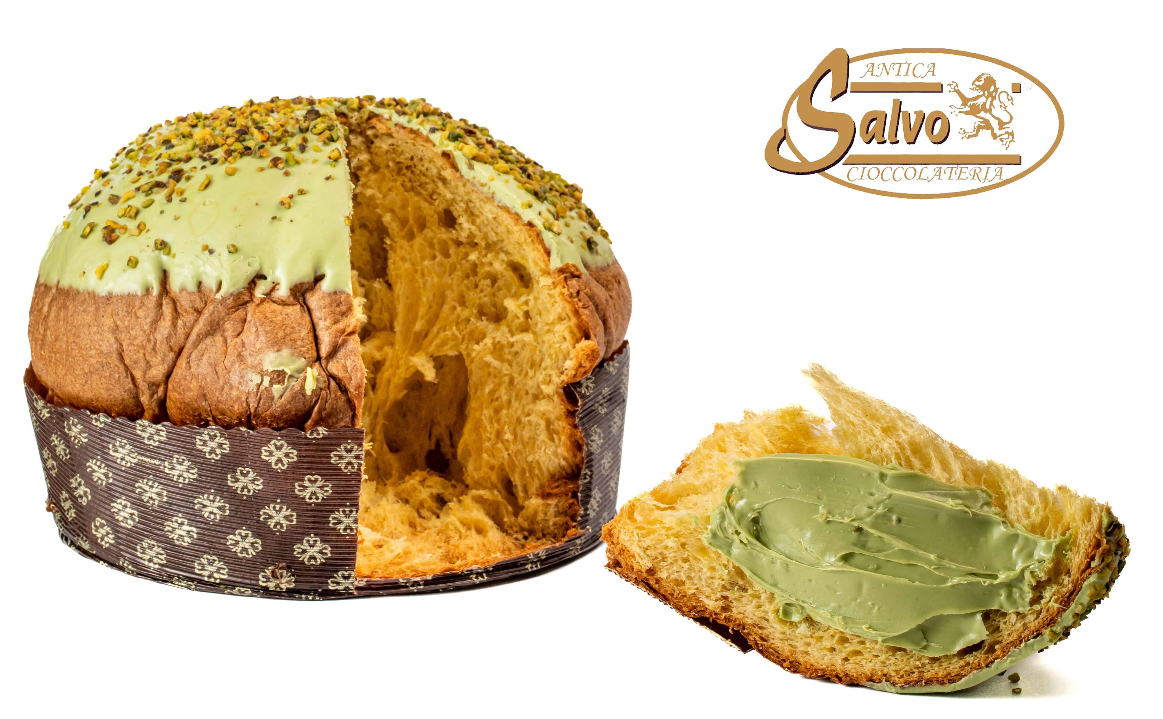 PANETTONE RICOPERTO PISTACCHIO Kg.1 + BARATTOLO CREMA AL PISTACCHIO GR.200