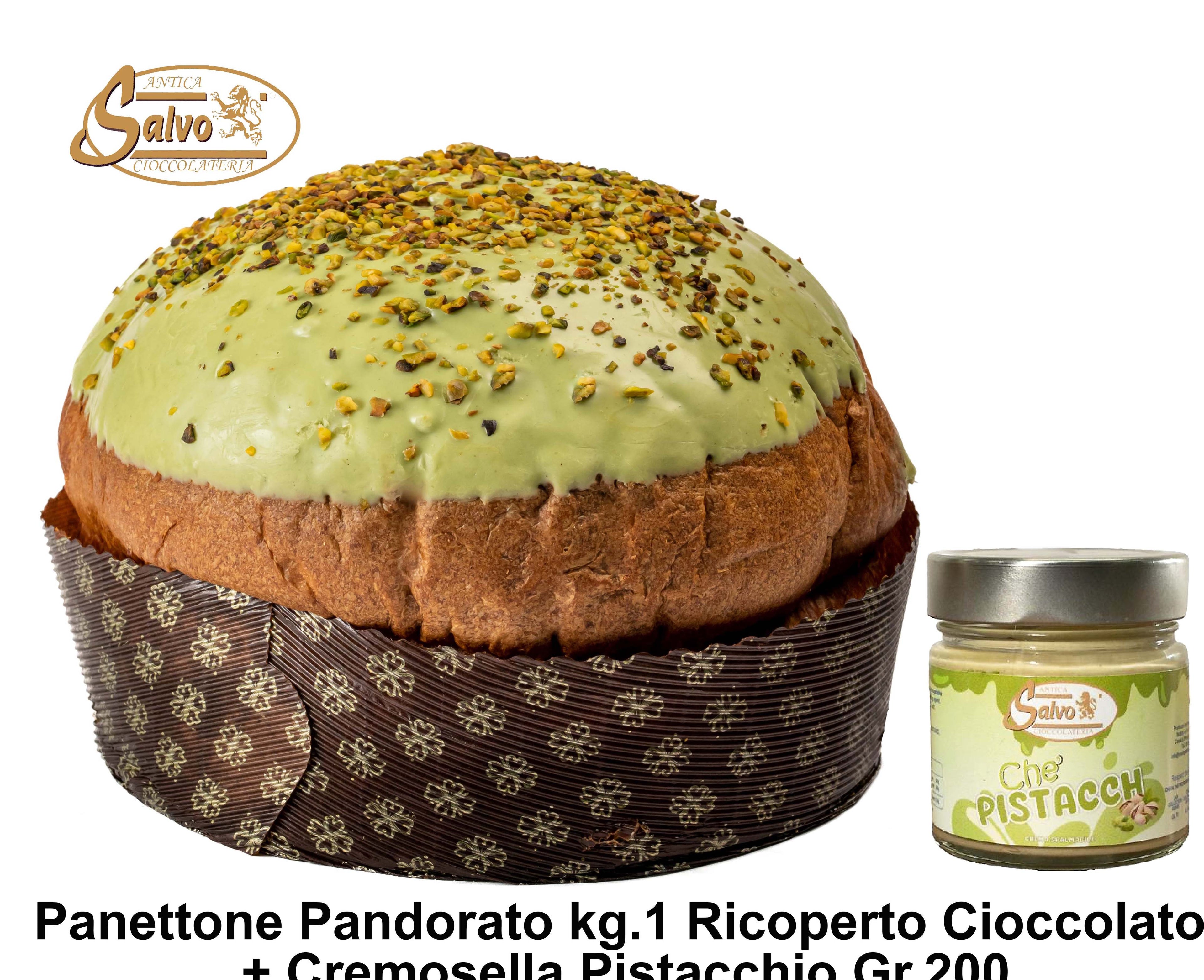 PANETTONE RICOPERTO PISTACCHIO Kg.1 + BARATTOLO CREMA AL PISTACCHIO GR.200