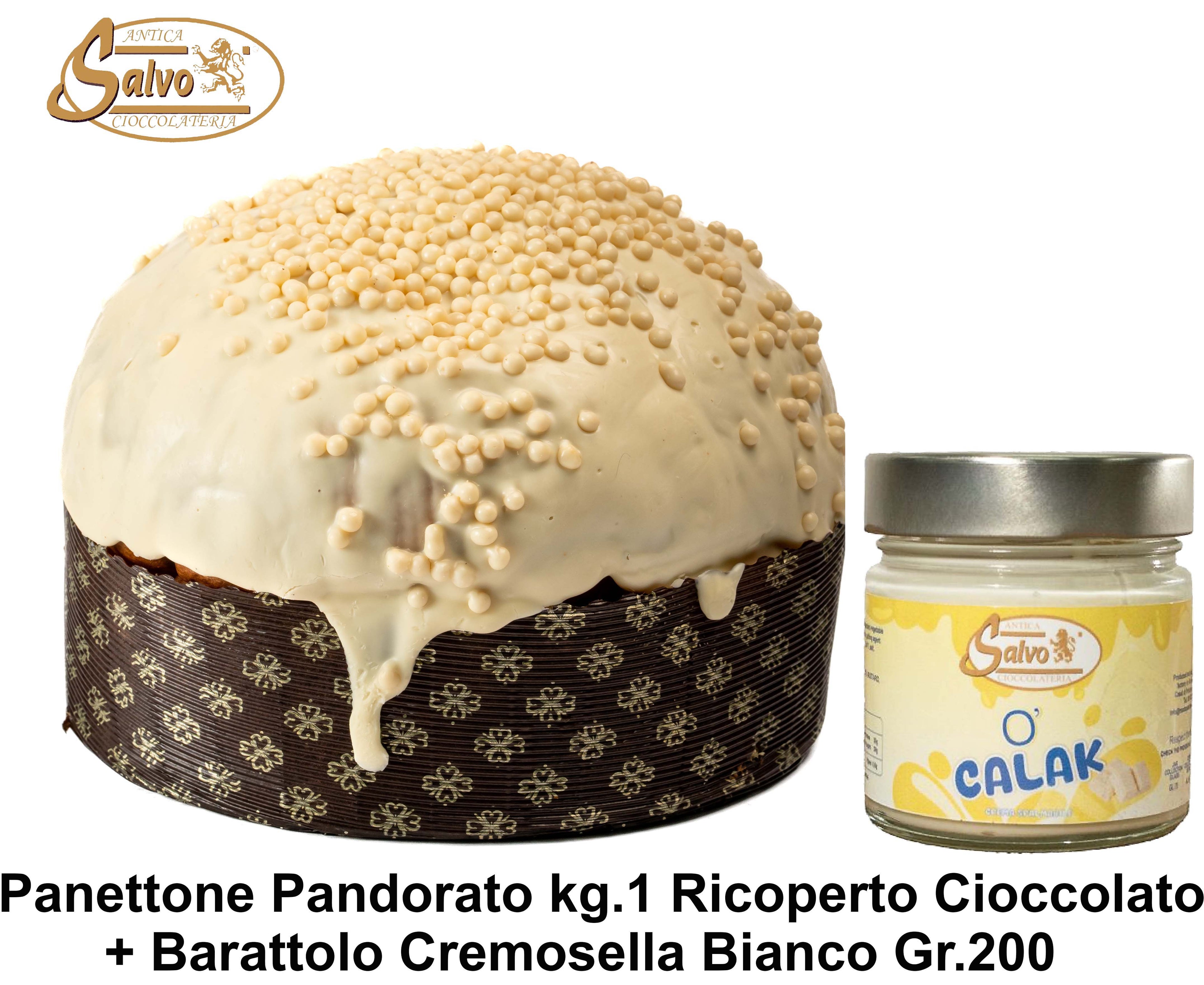 PANETTONE RICOPERTO CIOCCOLATO BIANCO KG.1 + BARATTOLO CREMA BIANCA GR.200